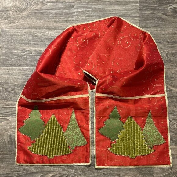 Beaded Christmas Tree Table Runner 70" x 13.75" Red Gold Green Holiday Decor - Picture 3 of 8